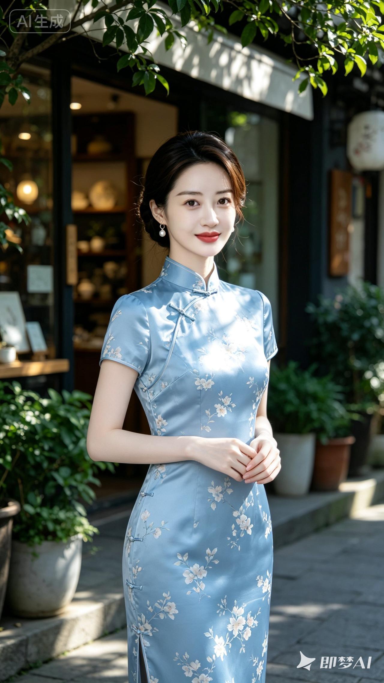 优雅蓝花旗袍，复古风情，尽显东方韵味