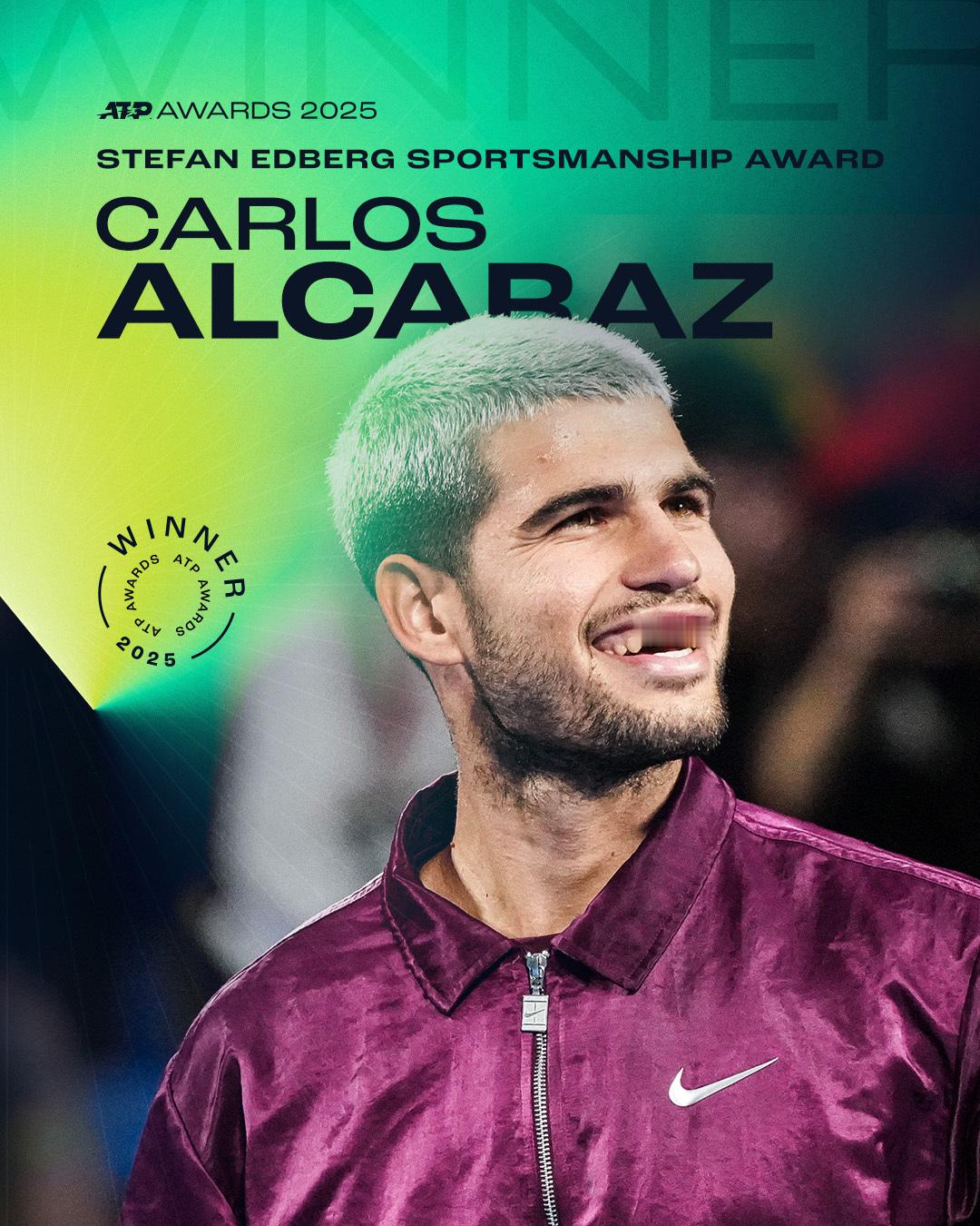 恭喜阿尔卡拉斯第二次获得埃德伯格体育精神奖！这个奖项前身为ATP体育精神奖，