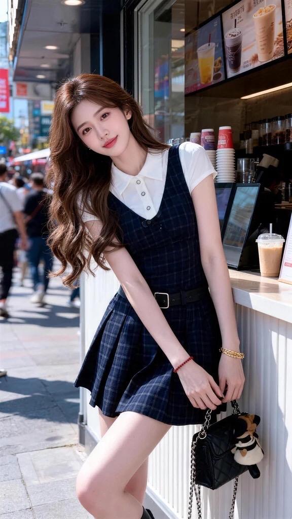 超美的甜妹穿搭分享街头甜心风黑白格子连衣裙穿搭格子裙时尚搭配奶茶系少女穿