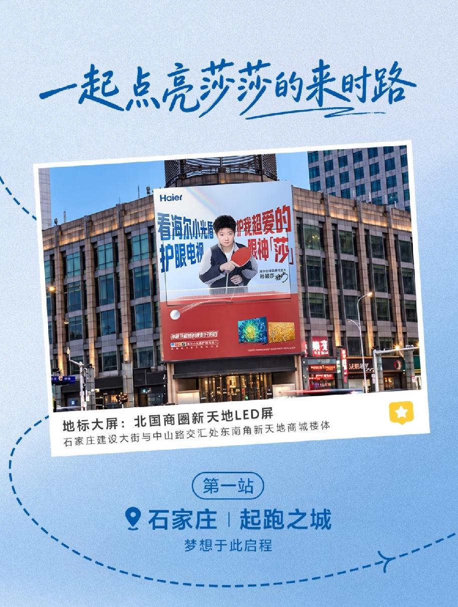 海尔五城大屏点亮，从莎莎的起点到高光，来时的路值得被看见。海尔选址好用心啊