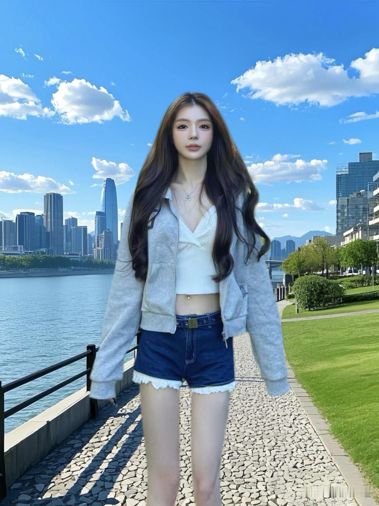 元气少女漫步河畔，城市与自然完美融合
