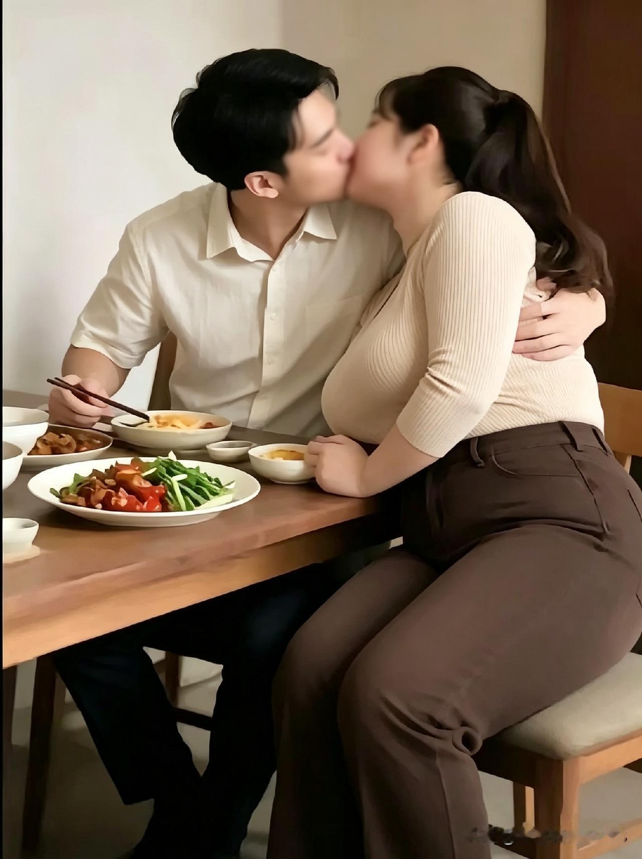 这小哥确实有福气！老婆不光人长得周正，还能整一桌子家常菜，最动人的是俩人饭桌前那