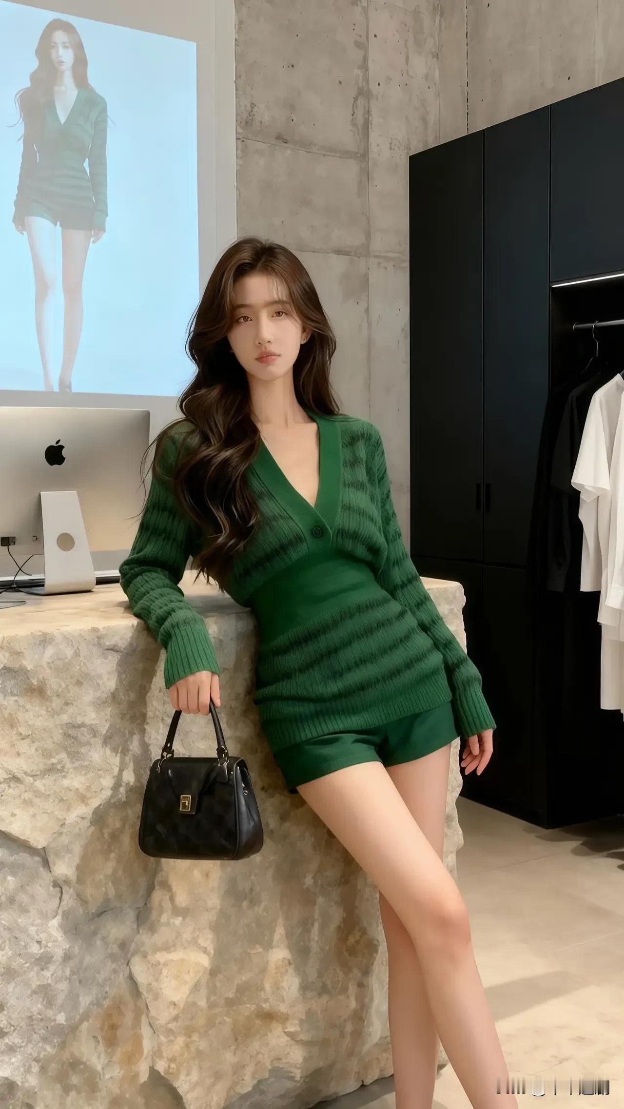 什么样的穿搭可以成为气质女神?墨绿针织裹着松弛的时髦，石面台衬出冷调质感，黑包