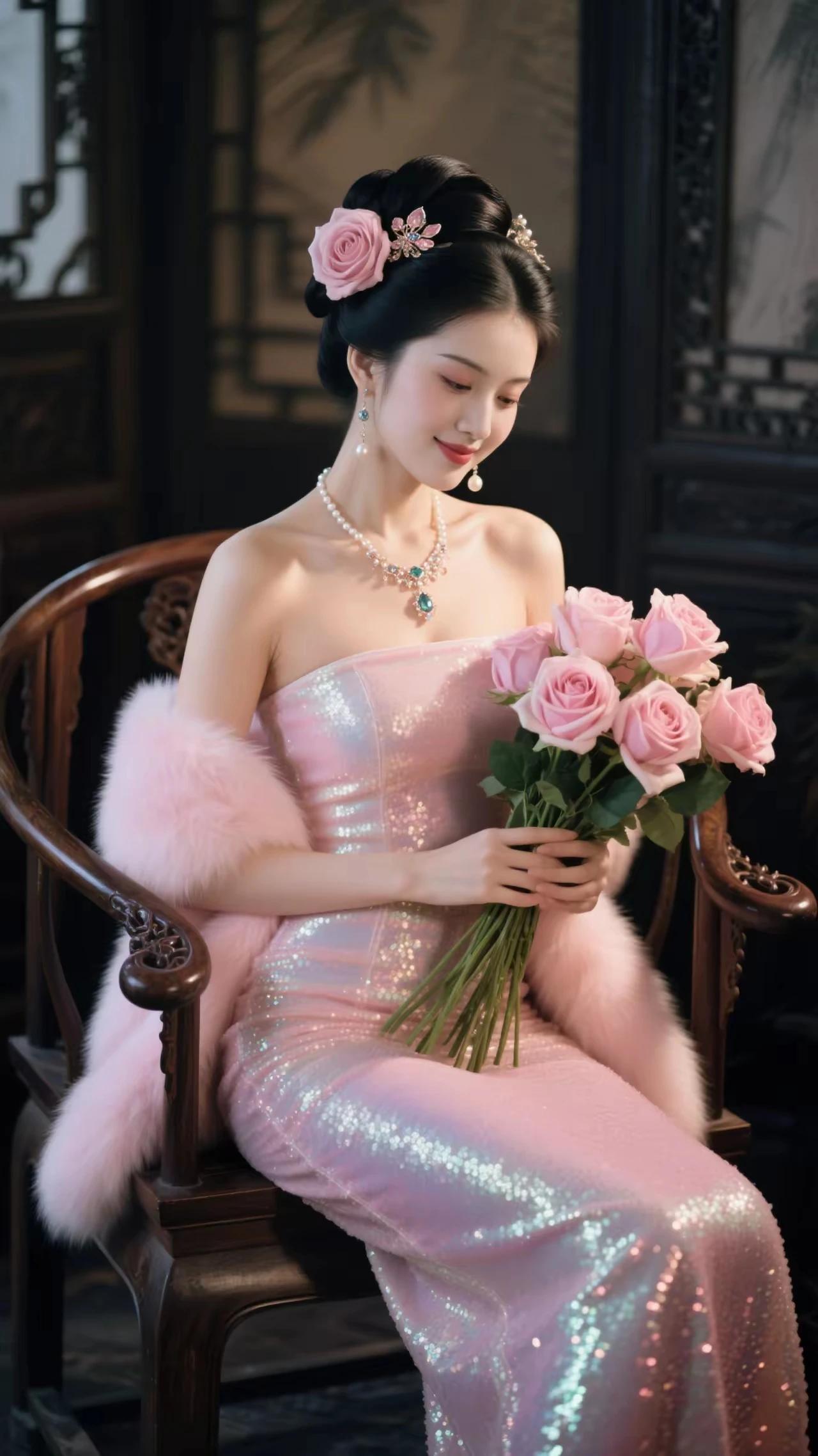 粉裘凝露，鬓上玫花闪缎流光，漫捻芳枝香萦翠袖，半捧春云闲对花容，一瓣芳心