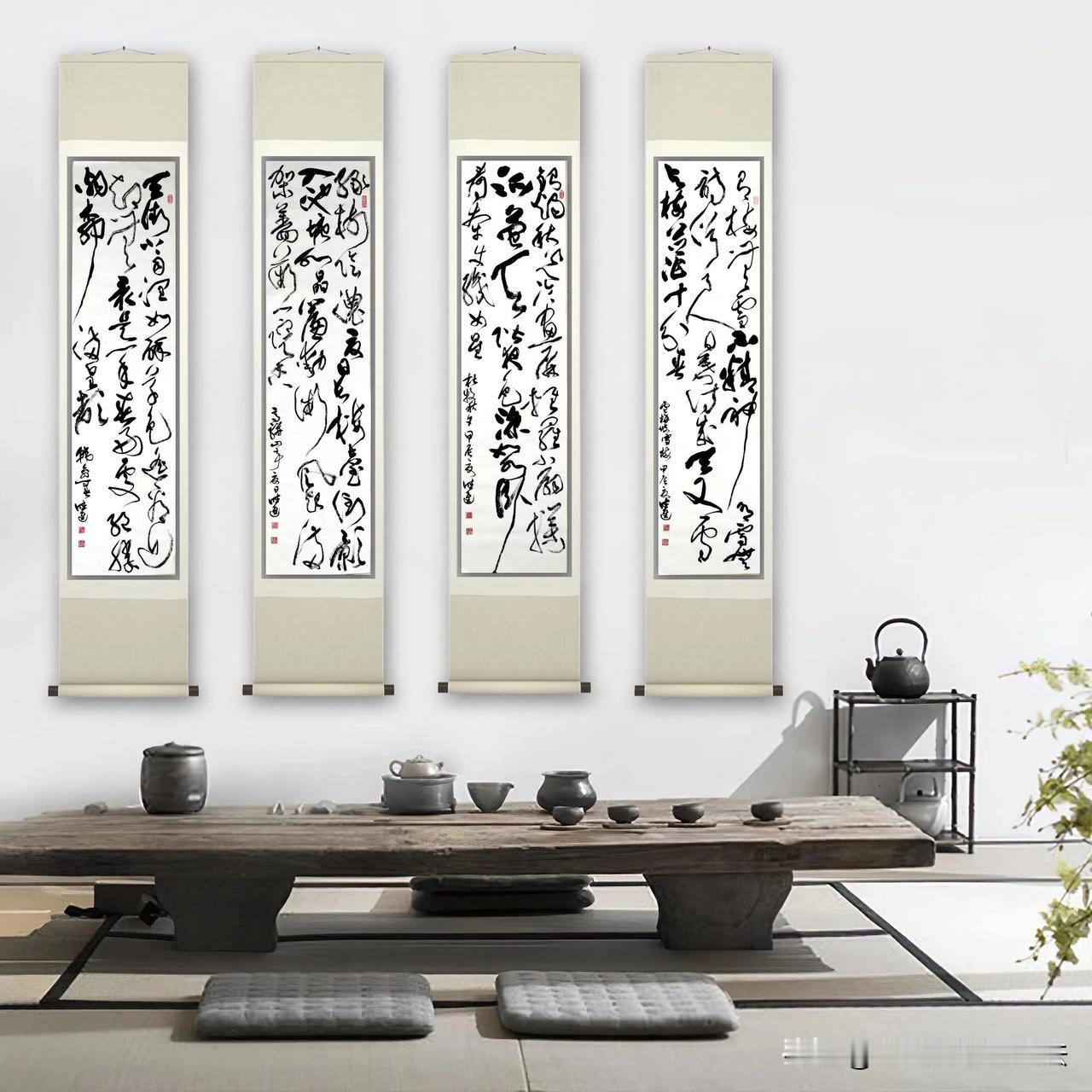 近期精心构思创作了《春夏秋冬》四条屏书法作品，以笔墨为引，勾勒四季流转的诗意画卷