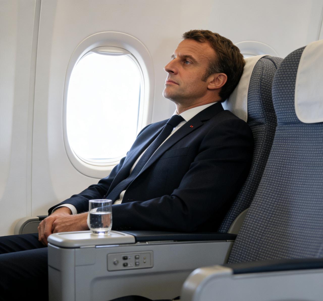 马克龙瘫靠在回国飞机舷窗上，两眼空洞，像被抽走了魂一样，忽然他浑身一颤，心中犹如