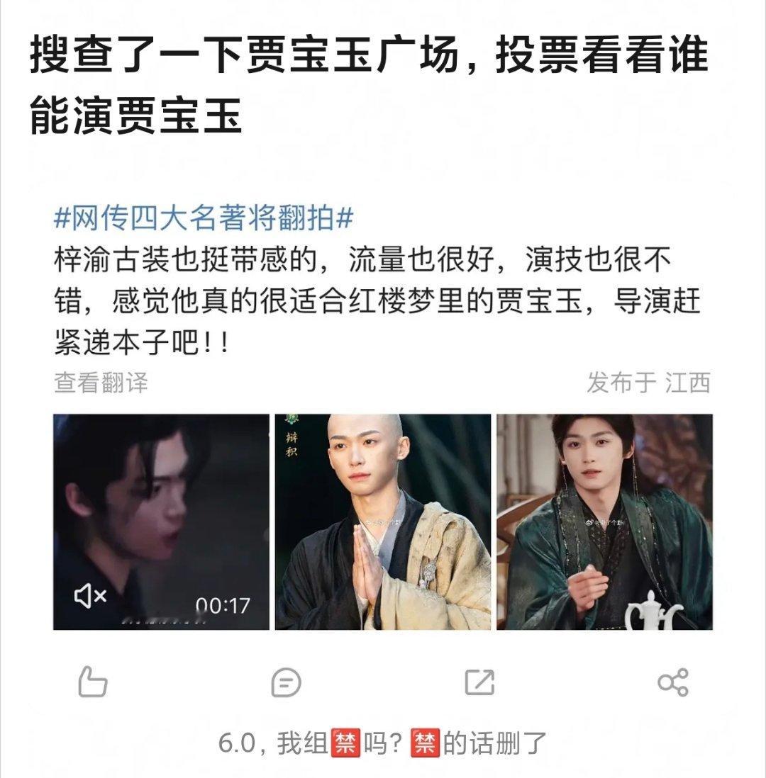 四大名著都打算翻拍了，关于剧版贾宝玉的选角，网友的高频提名🈶：梓渝、丁禹兮、陈