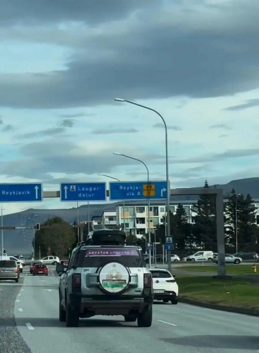 最近网友在冰岛雷克雅未克偶遇粤E牌照新能源车，车主是佛山退休夫妻杨女士和她丈夫。