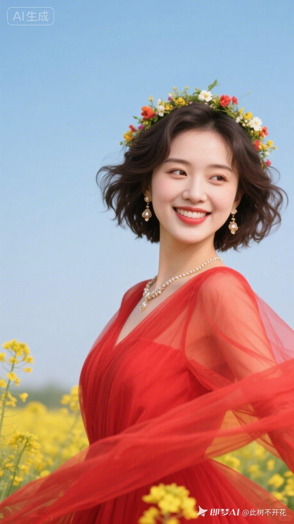 春日花海中的甜美少女，红裙飘飘，笑靥如花。