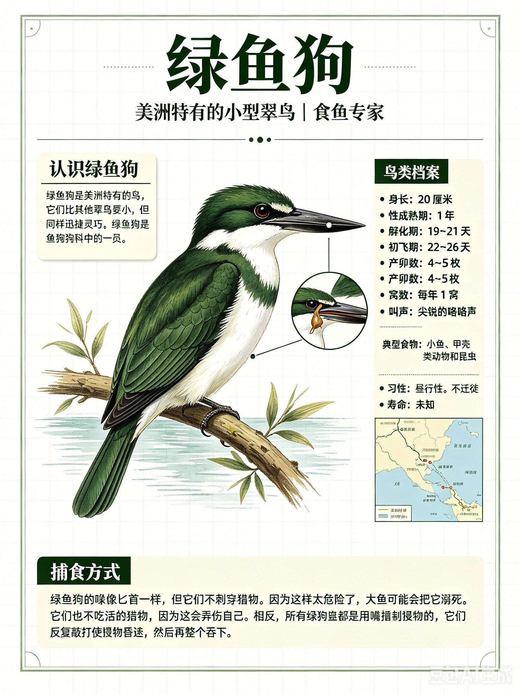 鸟类朋友图鉴绿鱼狗绿鱼狗是美洲特有的鸟，它们比其他翠鸟要小，但同样迅捷灵巧。身