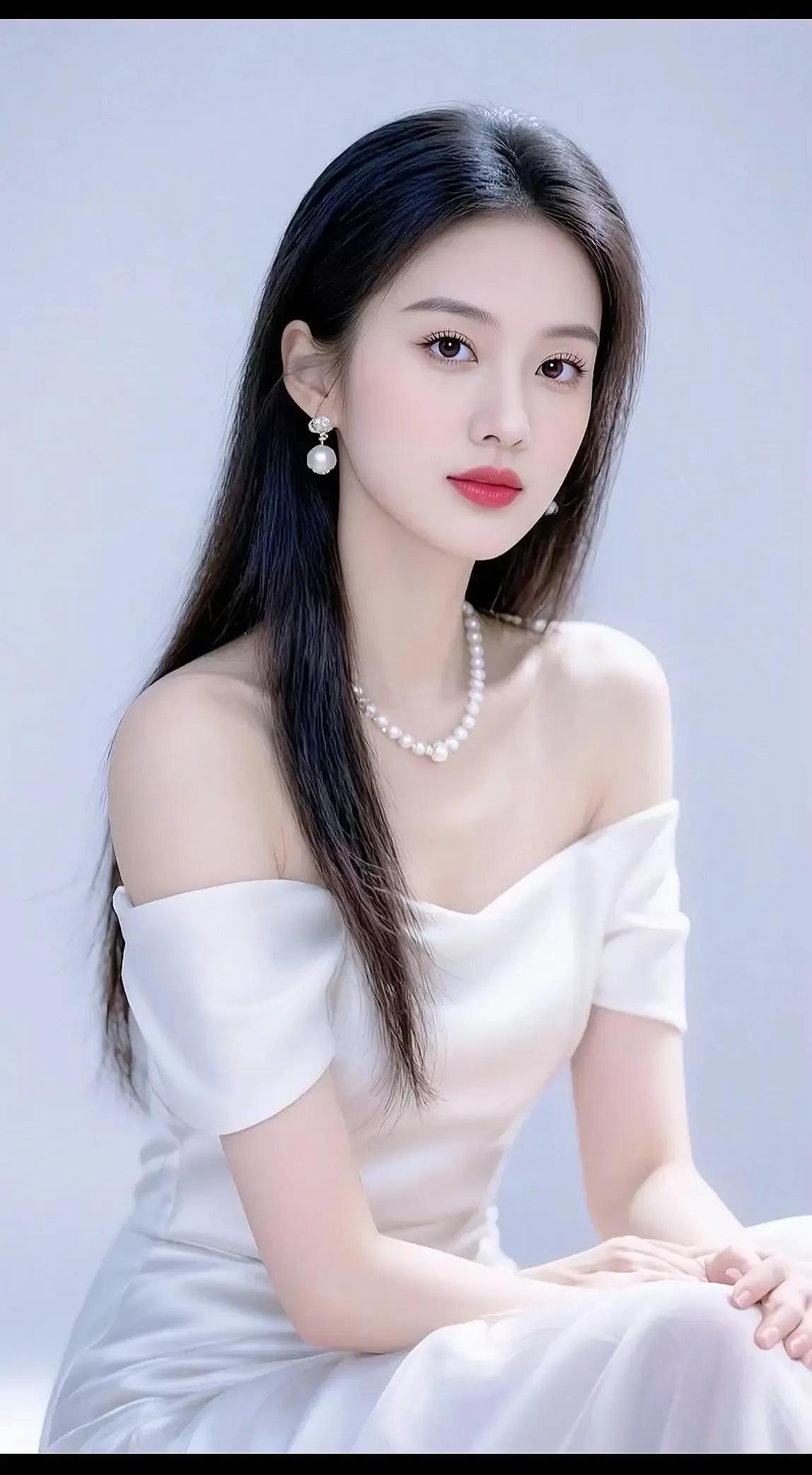 优雅白裙少女，珍珠项链点缀，温柔动人。