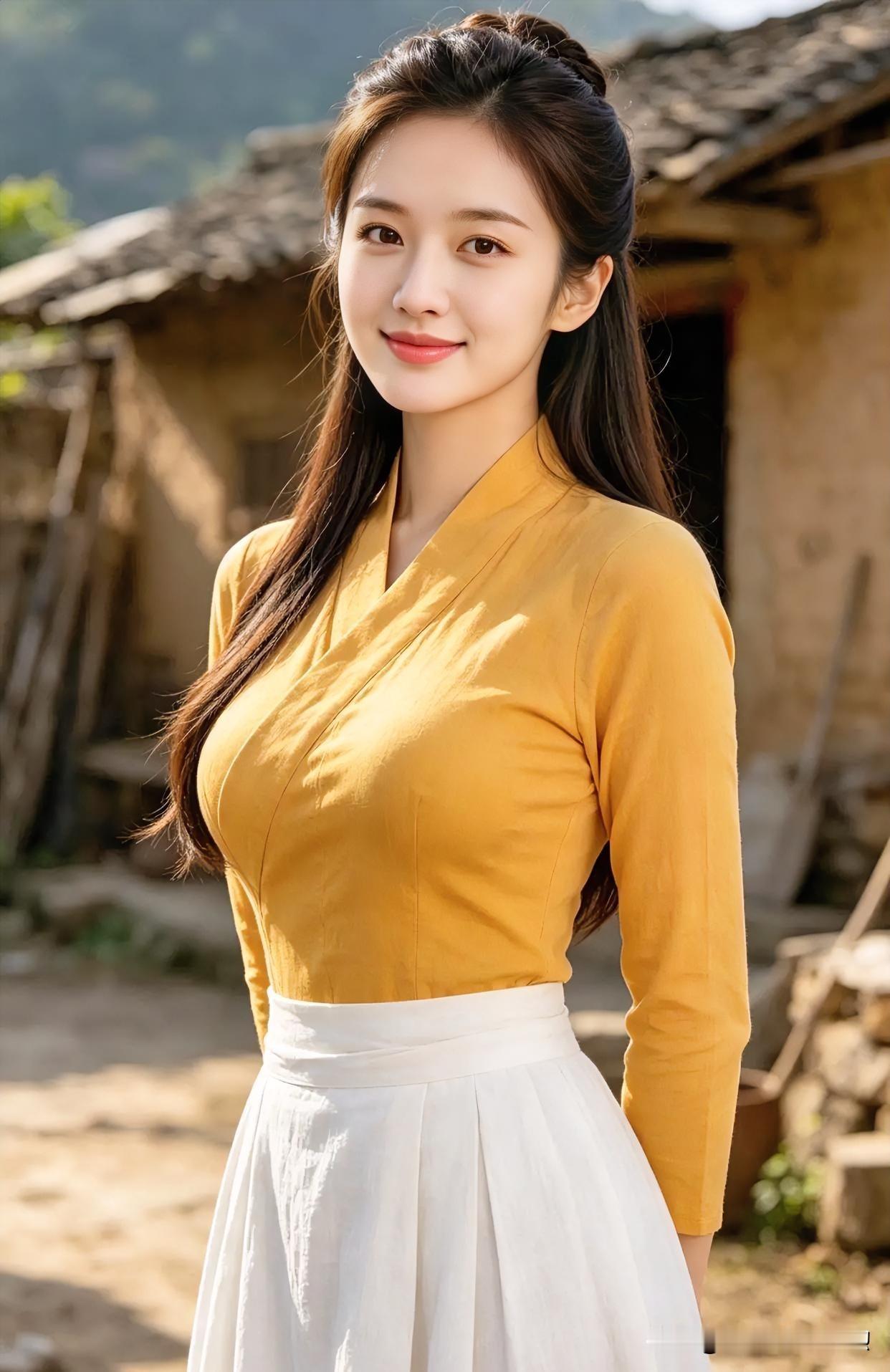 暖黄衣袂轻裹温婉身姿，倚乡野老屋，笑靥如花，尽显田园诗意中的清新与恬静美好。