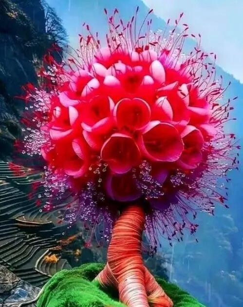奇花欣赏：雲雾缭绕峡谷深独株奇花吐芳菲层层叠叠向上展花心泛暖光晕橙