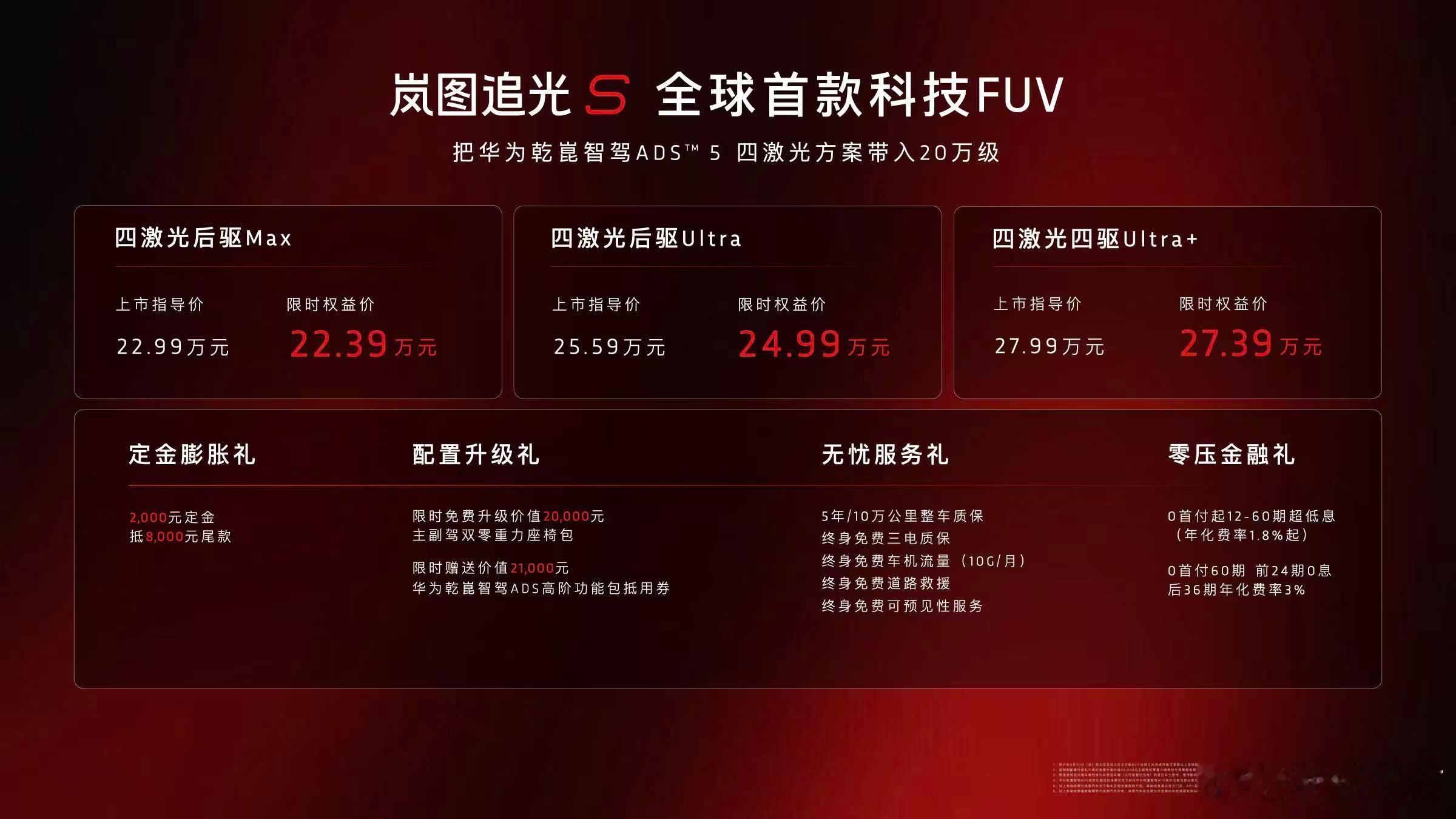 岚图追光S四激光后驱Max版权益后售价：22.39万元四激光后驱Ultra版权益