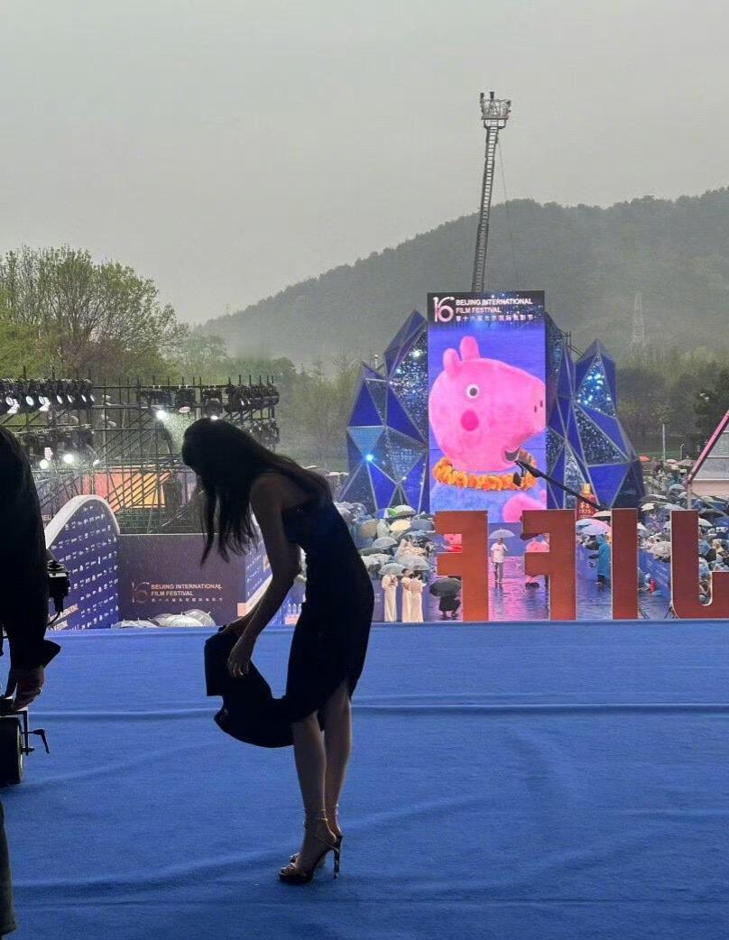 刘浩存打着伞在北京国际电影节走红毯，看起来优雅迷人。在后台却被拍到正在拧干被雨水