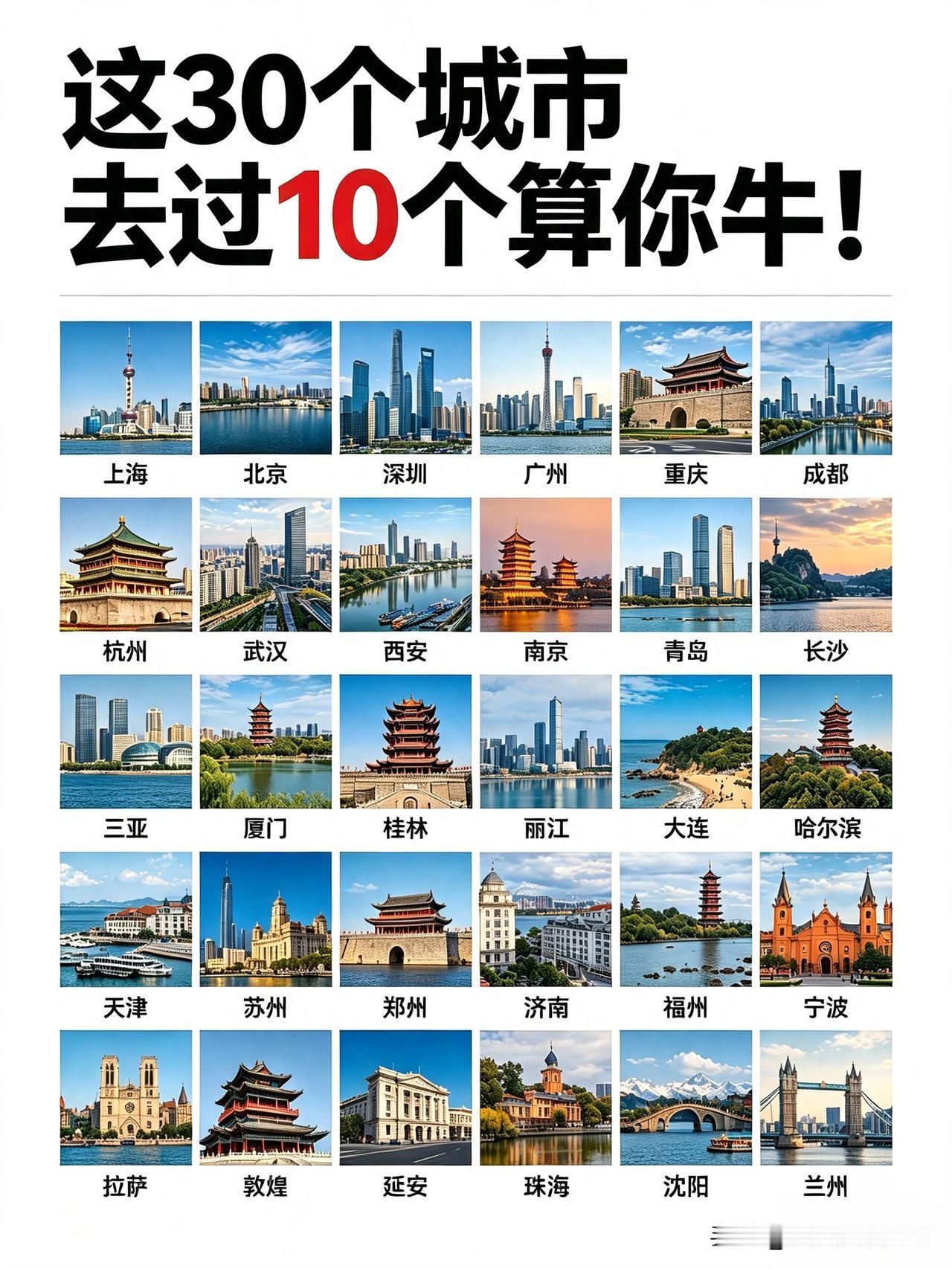 去过11个，刚好过线！因工作出差，去过上海、北京、重庆武汉、西安、南京厦