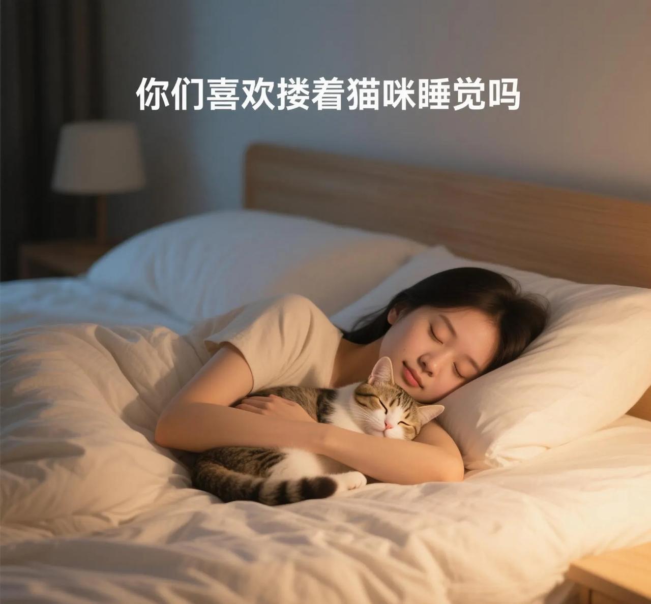 你们喜欢搂着猫咪睡觉吗当然喜欢啦！毛茸茸的猫咪窝在怀里，像个暖呼呼的小毛团，咕噜