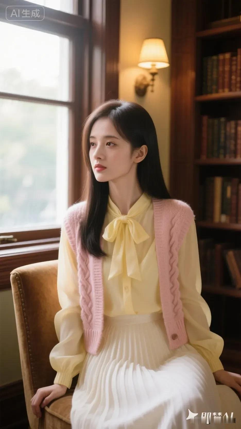 鹅黄裹着粉绒的软，领间蝴蝶结牵起窗畔的光，书页的香浸在温柔里。温柔气质少女