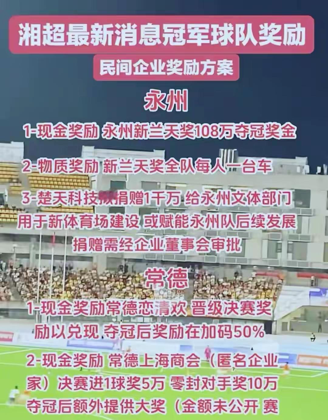 湘超决赛奖励方案曝光！永州1000万+108万+每人1车常德进1球奖5万如此丰厚