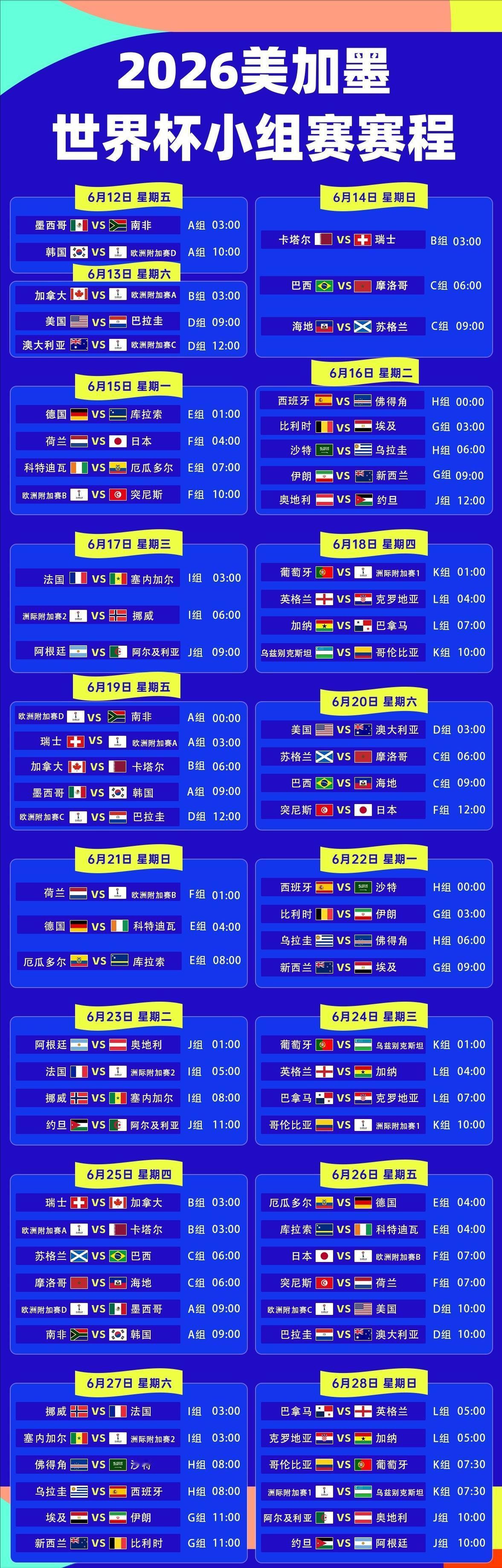 2026世界杯比赛时间表来了，大家记得收藏！话说这时间怎么安排的乱七八糟的，一点