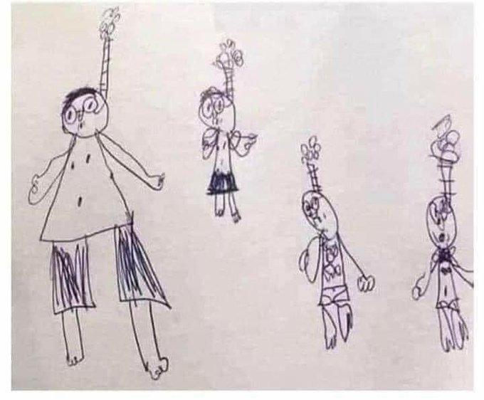 老师布置课堂作业，让6岁男孩画一张全家福。交上来的作品，直接让老师们心里一紧，