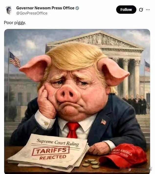 真是笑死个人！美国加州州长加文·纽森发了一幅画，将唐纳德·特朗普画出一只哭