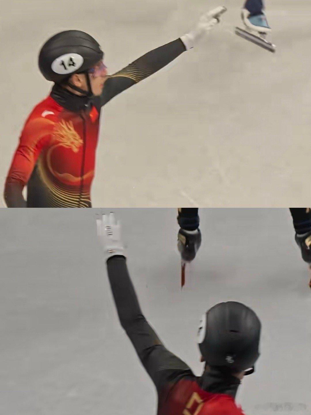 裁判无视中国队员举手示意短道速滑决赛，中国选手孙龙被撞受伤流血，举手示意申诉却