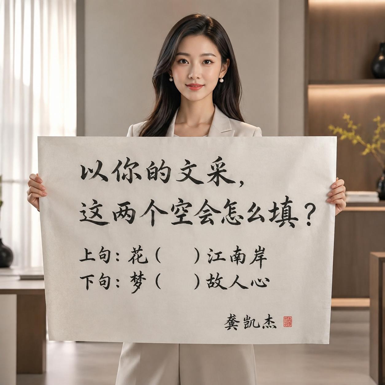 肚里没点墨水都答不上来，以你的文采你会怎么填？花（）江南岸，梦（）故人心
