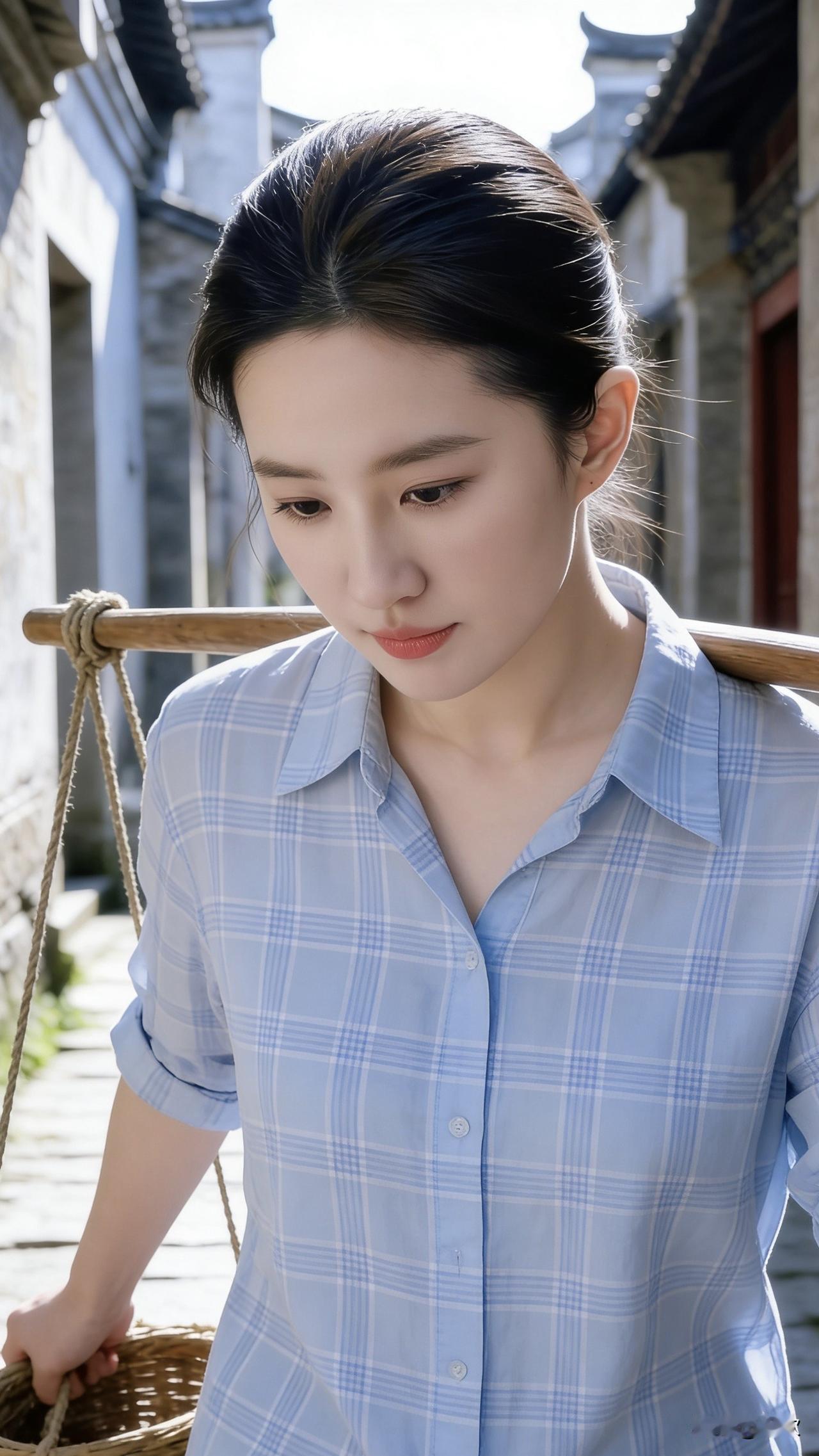 浅蓝格纹衬衫的衣料在晴日里泛着清爽的光泽，她挑着竹篮走在徽派古巷的石板路上，目光