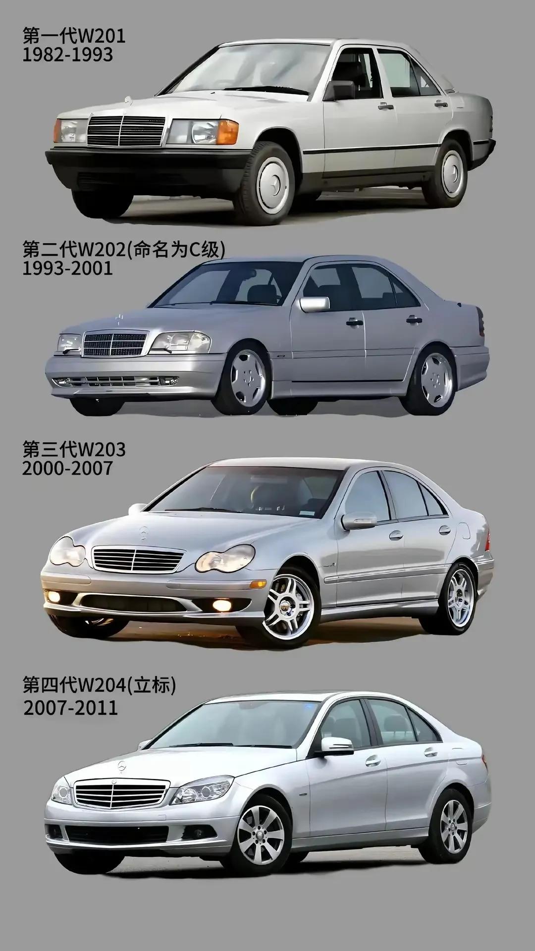 历代奔驰C纪欣赏奔驰C级轿车价格相对低，让很多人圆了大奔梦，属于畅销车型，今