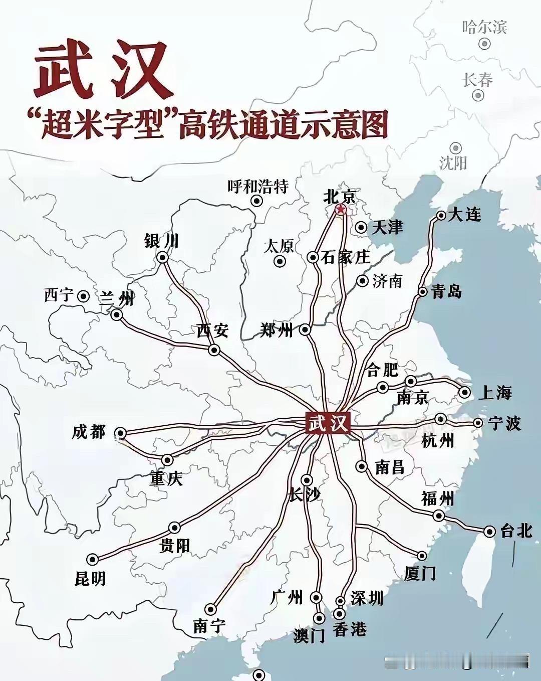 武汉米字形枢纽遥遥无期！虽然武汉规划了12个方向的超米字形枢纽，但是，到目前为止