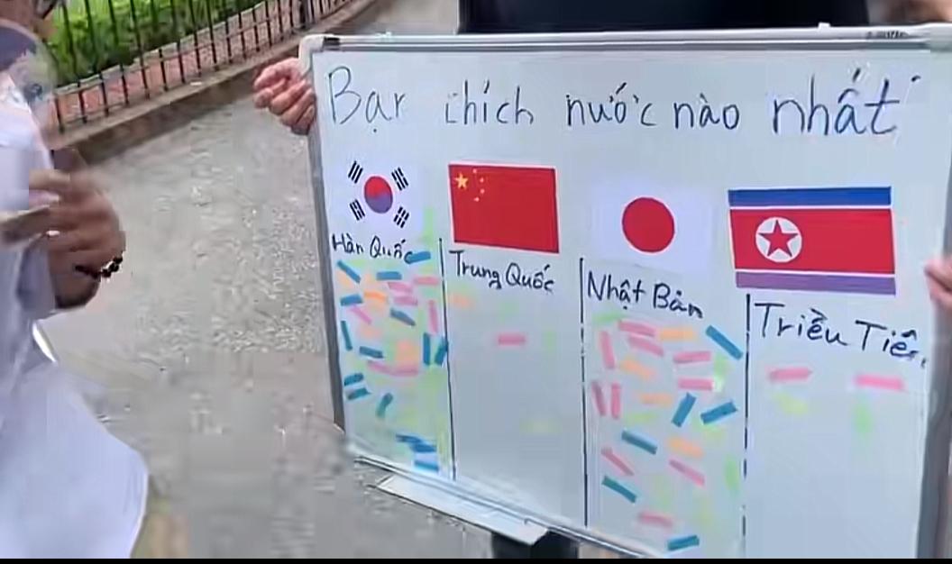 中日韩朝，街访越南人最喜欢哪一国人一个韩国博主在越南街头采访，他拿一块白板，