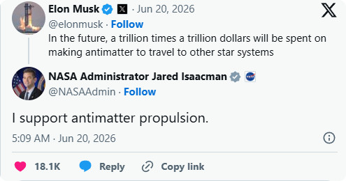 【跳出太阳系马斯克和NASA局长力挺反物质飞船能量是目前100亿倍】最近航天