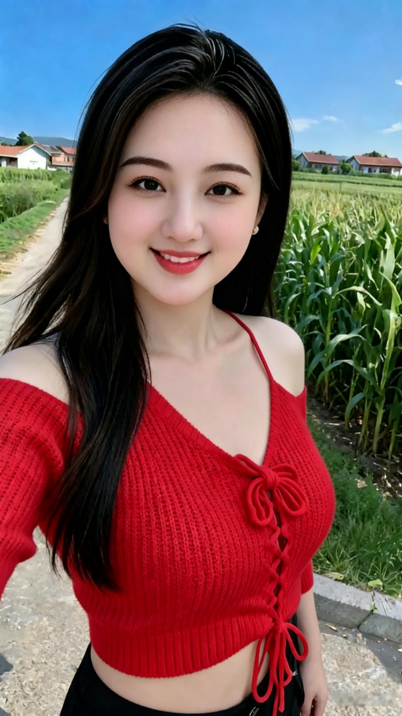 打油诗乡间小路伴禾秧，红衣姑娘笑面扬。乌黑长发随风荡，眉眼弯弯喜气长