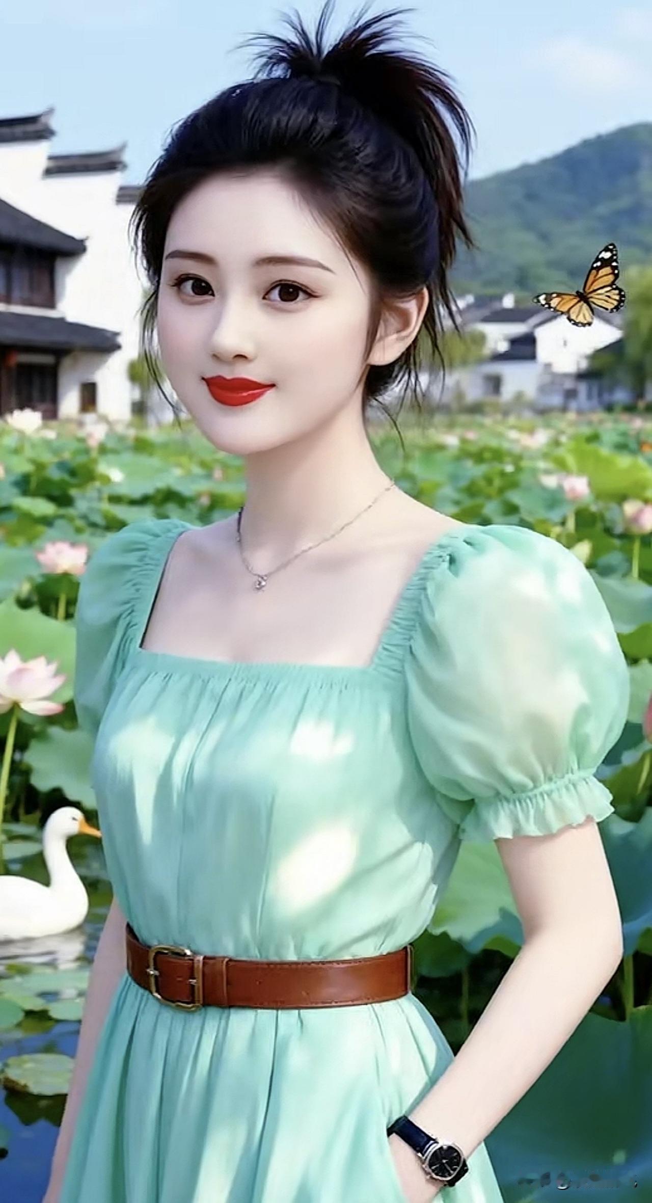 夏日荷塘仙气少女，绿裙飘逸，蝴蝶翩翩起舞。湖边白裙少女绿裙蝶舞仙境浅绿鸢尾度