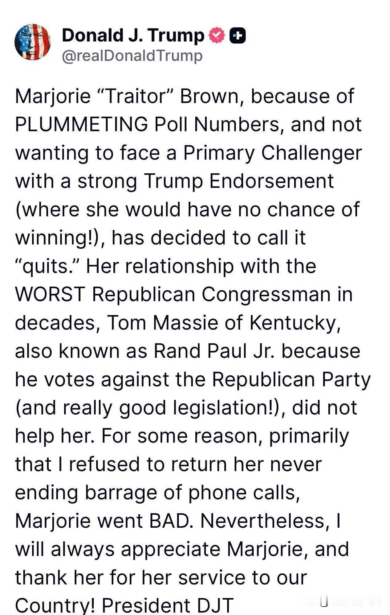 川普发文感谢马大姐。在得知马大姐辞职国会议员后，川普总统发布了如下文章：