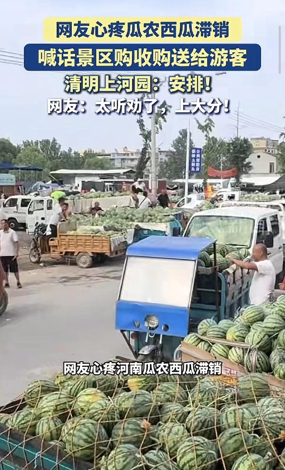 开封清明上河园景区门口，一辆装满西瓜的三轮车刚停稳，工作人员就围了上来。7月2号