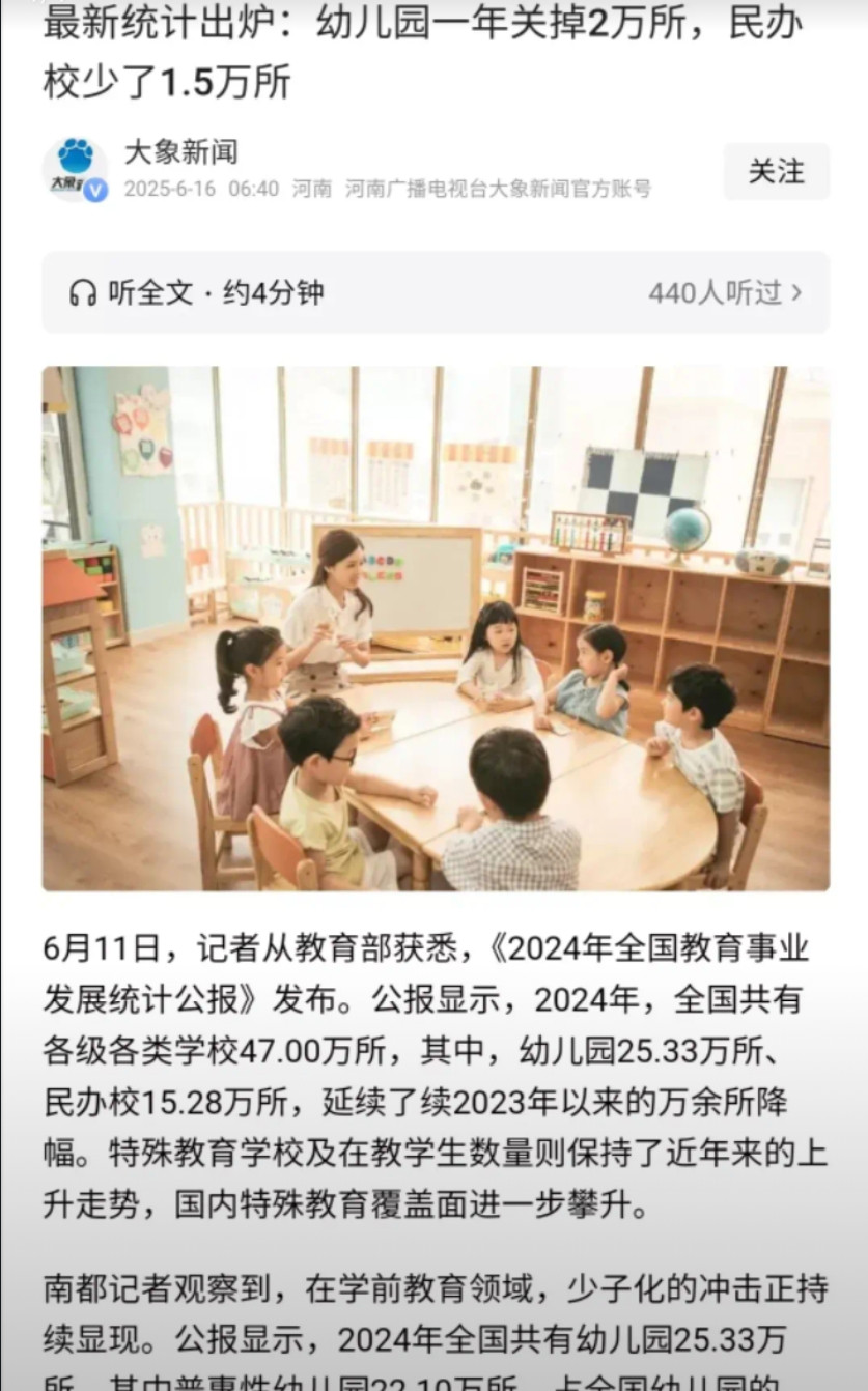 “少子化”的冲击，幼儿园已经最早体会，直接表现就是幼儿园关停潮、民办幼儿园大批退