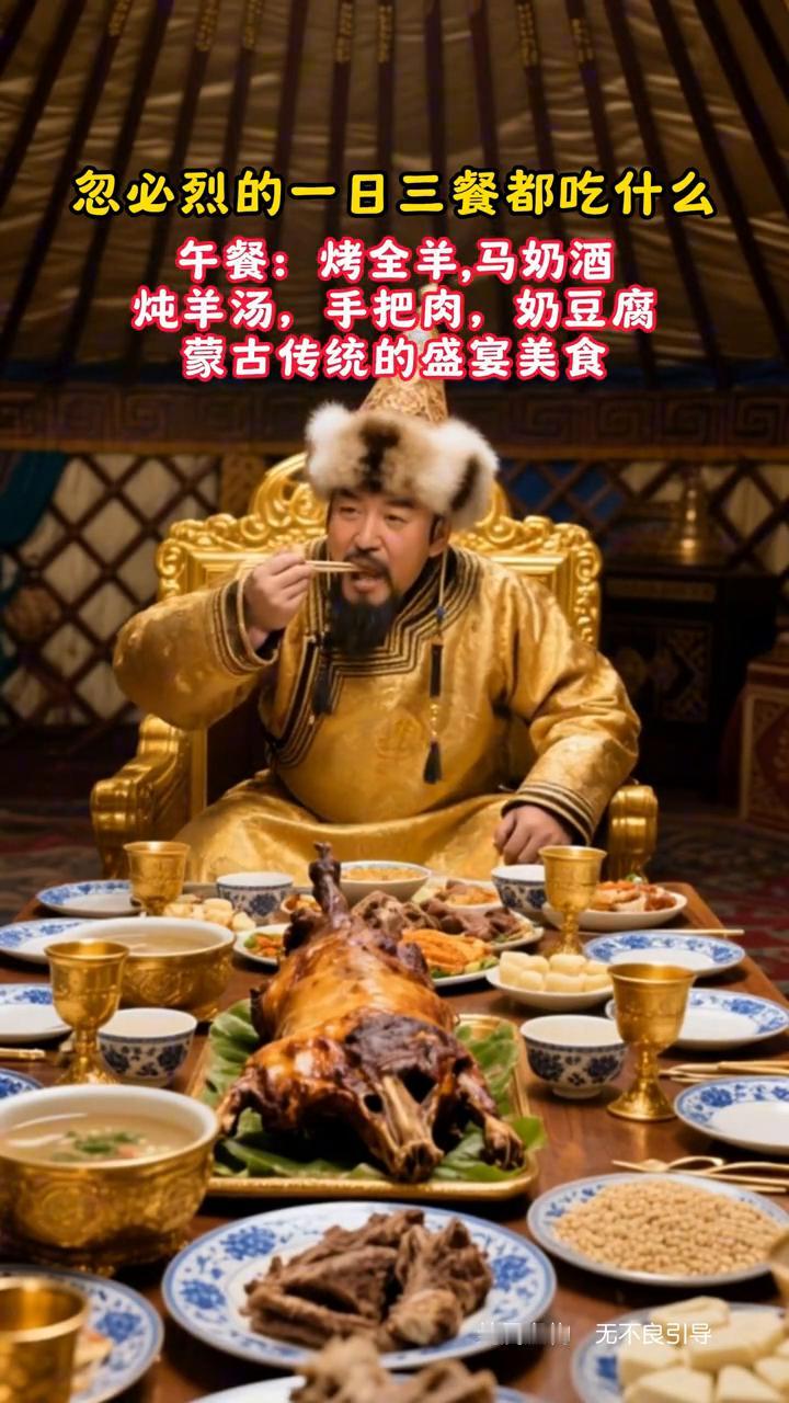 忽必烈的一日三餐都吃什么？·早餐：炖羊肉汤、馕饼羊奶粥，蒙古特色早餐。·午餐