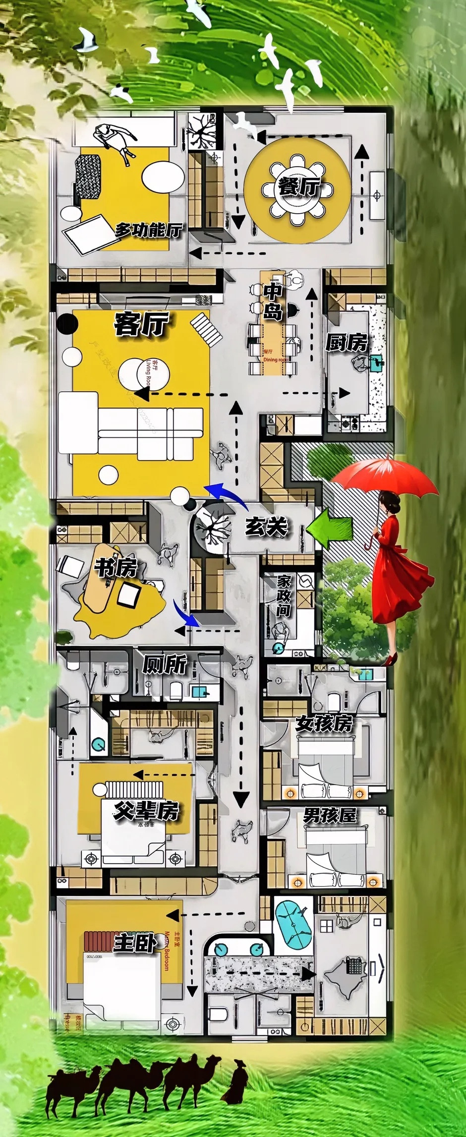 努力半辈子得128m²两居，木屏风和水隔断把“横厅”层次拉满，藏着我的眼界与境界！
