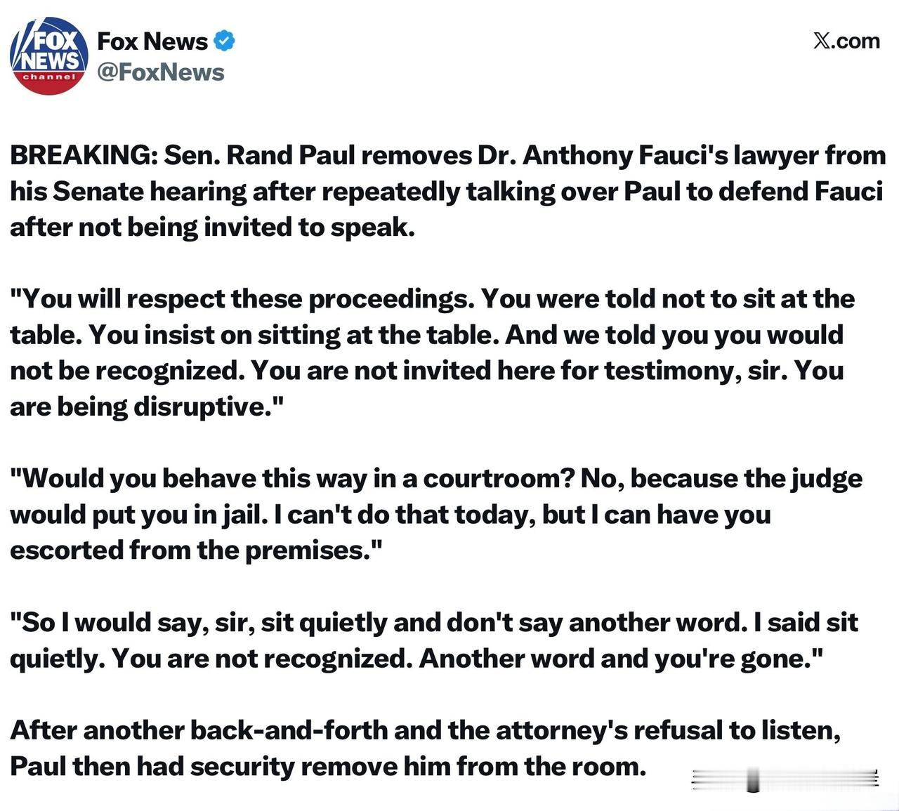 突发新闻：参议员RandPaul将AnthonyFauci博士的律师逐出参议