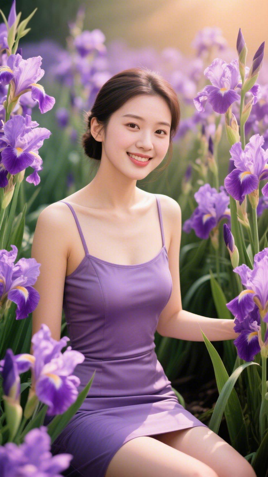 鸢尾间的春末柔光晚春的风裹着草木的清润，漫过鸢尾花田时，她正坐于花影之中。