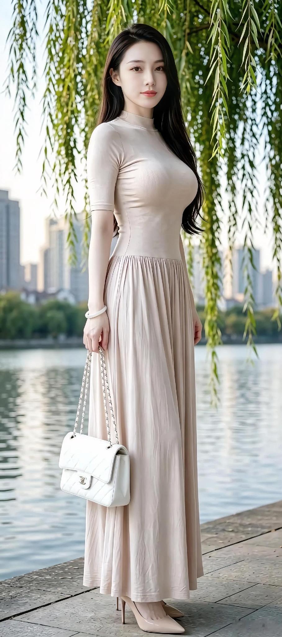 一个女孩在湖边拍照，穿得很优雅。气质女生拍照湖边美人景湖边美女照湖