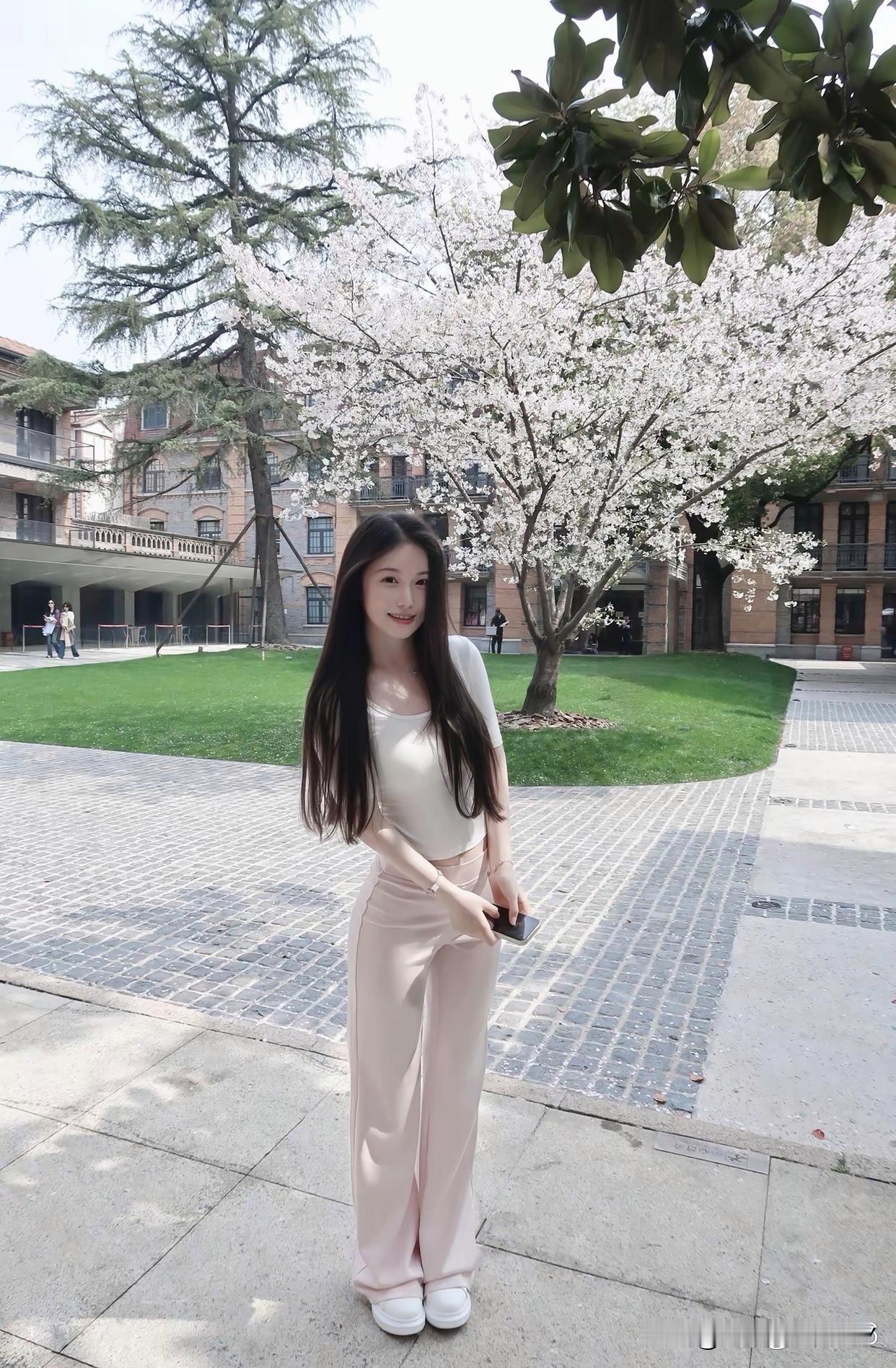 樱花树下，少女轻笑，春日暖阳洒满校园。美女的美丽瞬间分享