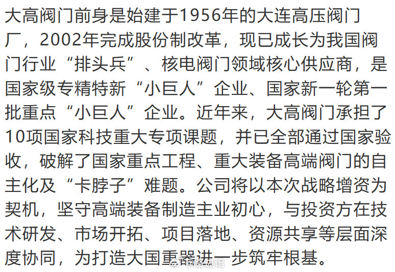 【大高阀门引入三家能源央企战略增资】三家能源央企注资，中广核资本、国家电投、华
