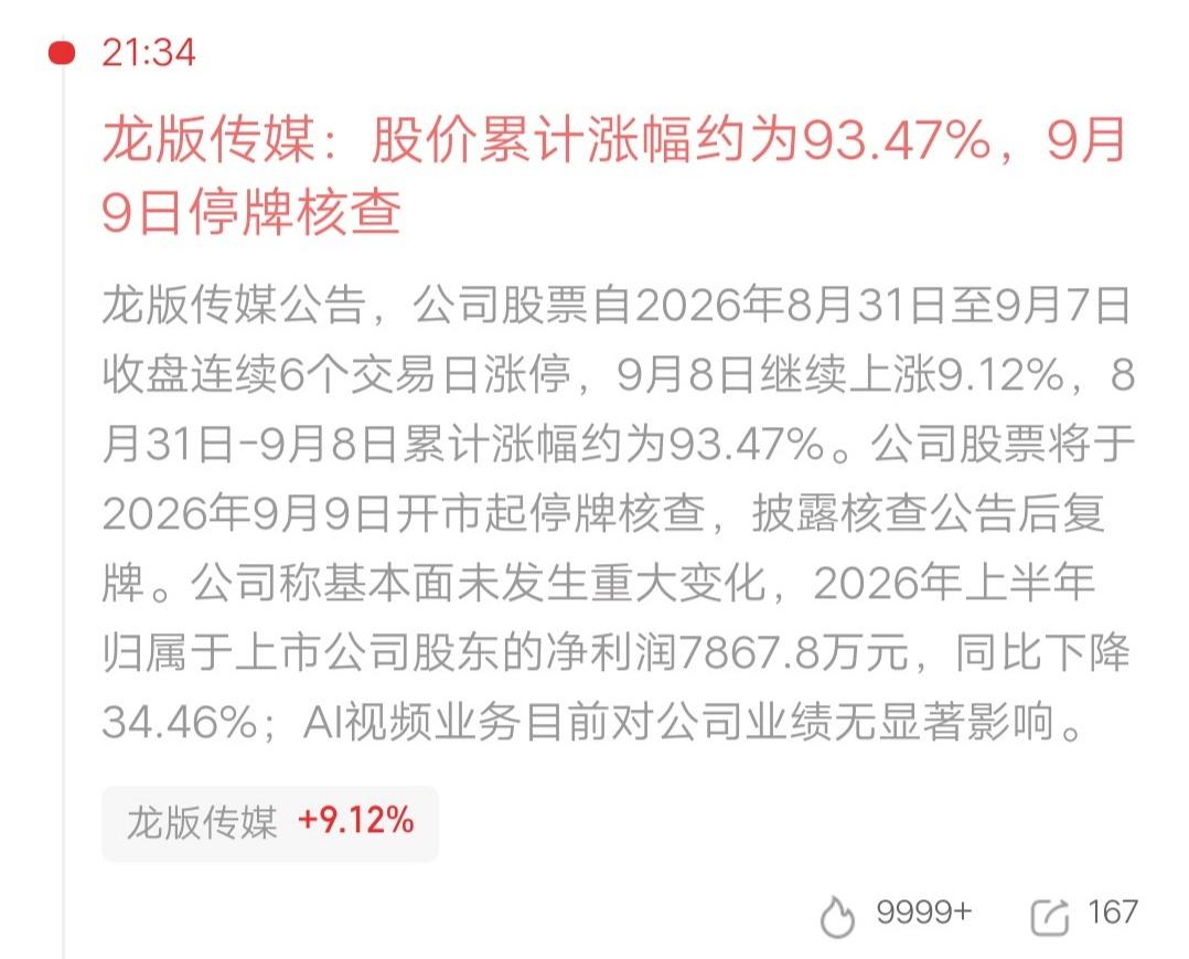 七天七板妖股停牌核查，复牌后会上演一字跌停吗？龙版传媒公告：股价累计涨幅约为93