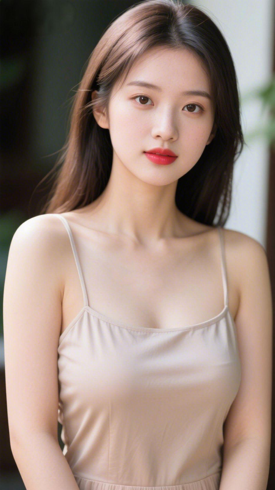 《素衣伴柔光》浅棕吊带如浸了晨雾的软缎，妥帖衬着舒展的肩颈，让周遭光影都漫