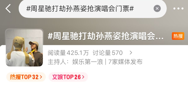周星驰头戴“丝袜”手持香蕉“打劫”孙燕姿: 抢到10张票, 我不难过了;20多年前星爷邀请孙燕姿演《功夫》, 但因档期错过