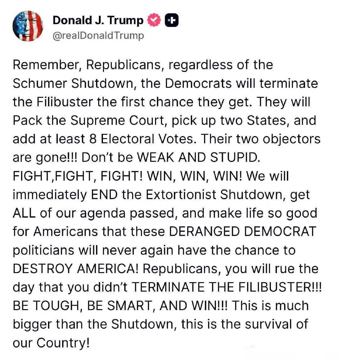 特朗普鼓励共和党以牙还牙，面对舒默停摆，废除Filibuster特朗普：