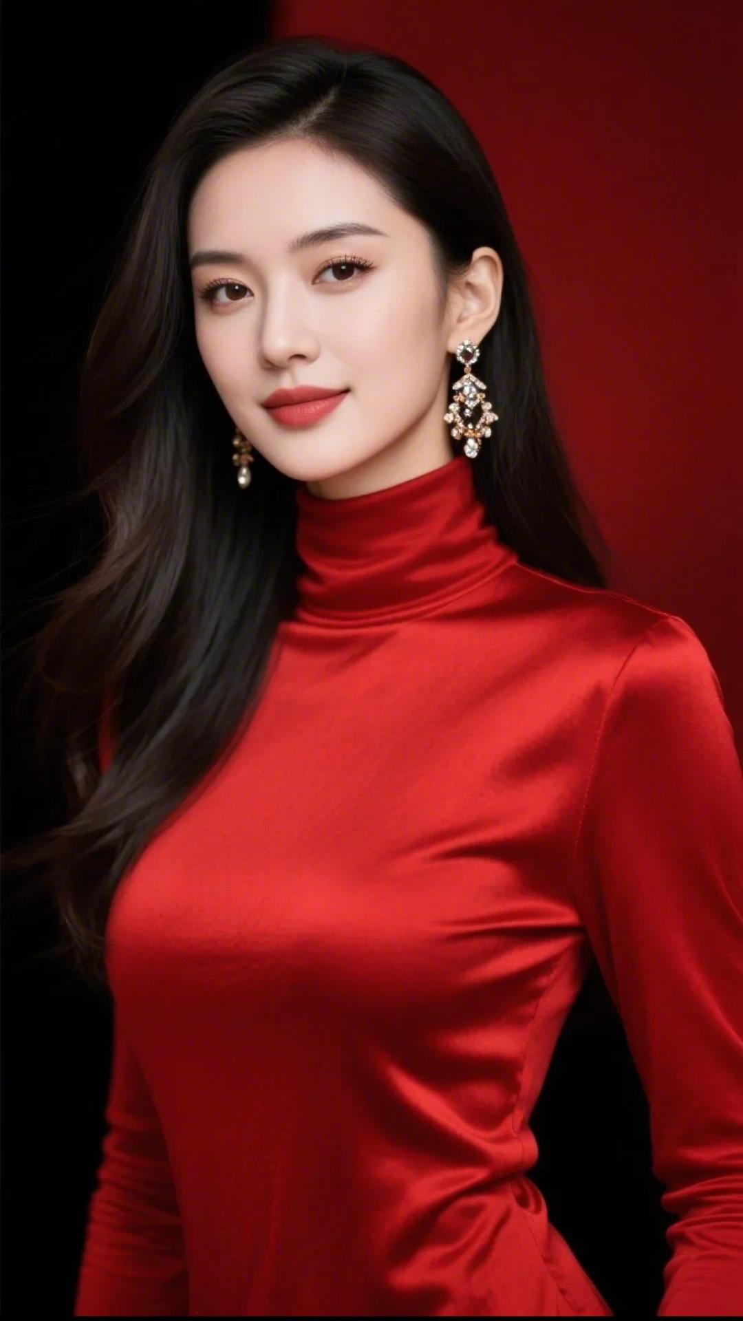 《红衣流转的时光剪影》那抹正红轻覆肩颈时，绸缎柔光顺着舒展轮廓，晕作暮色里